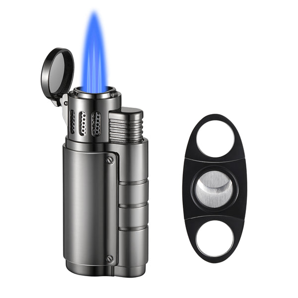 XIFEI Triple Jet Flame Torch Lighter with Deep V cut Cigar Cutter 