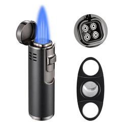 Cigar Lighter Quad 4 Jet Flame Torch Lighter Cigar Lighter and Cigar Cutter Set Windproof Butane Refillable Butane Lighter with Cigar Punch Gift for Men(Butane Not Included)