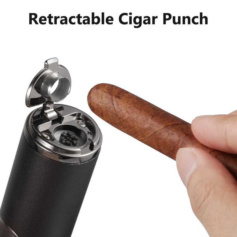 Cigar Lighter Quad 4 Jet Flame Torch Lighter Cigar Lighter and Cigar Cutter Set Windproof Butane Refillable Butane Lighter with Cigar Punch Gift for Men(Butane Not Included)