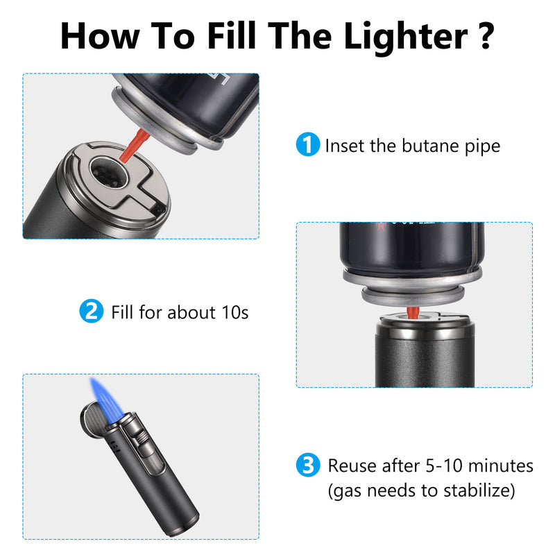 Cigar Lighter Quad 4 Jet Flame Torch Lighter Cigar Lighter and Cigar Cutter Set Windproof Butane Refillable Butane Lighter with Cigar Punch Gift for Men(Butane Not Included)