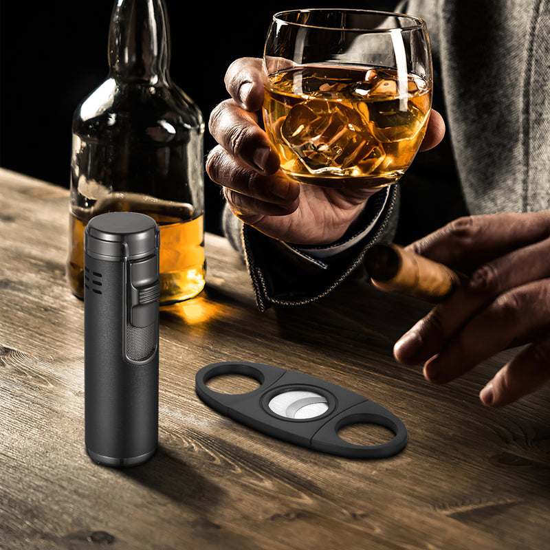 Cigar Lighter Quad 4 Jet Flame Torch Lighter Cigar Lighter and Cigar Cutter Set Windproof Butane Refillable Butane Lighter with Cigar Punch Gift for Men(Butane Not Included)