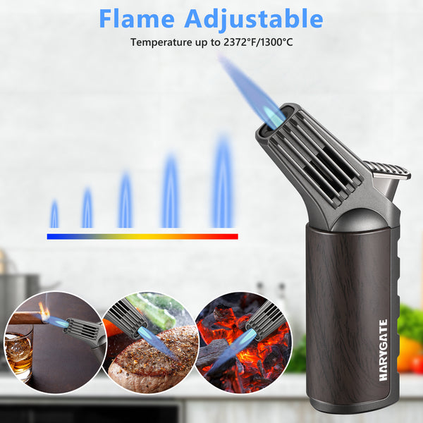 Butane Torch Lighter, Windproof Adjustable Flame Blow Torch Refillable Cooking Torch Lighter with Safety Lock for Grill Fireplace BBQ Baking(Butane Gas Not Included)