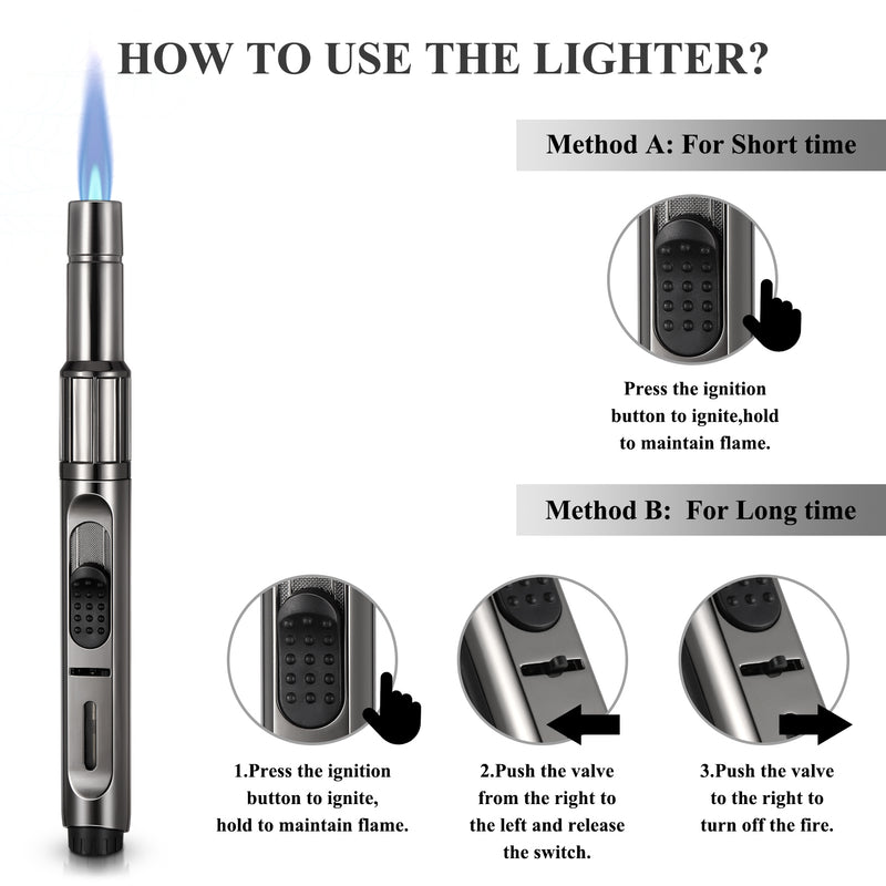 Butane Torch Lighter, 7.5 Inch Long Butane Lighter Refillable Kitchen Torch Lighter with Visible Fuel Window Adjustable Jet Flame Pen Lighter Butane Lighter for Grill Fireplace